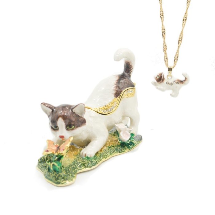 Playing around Butterfly Cat Trinket Box with Matching Necklace