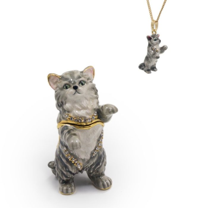 Playful Earl Grey Cat Trinket Box with Matching Necklace