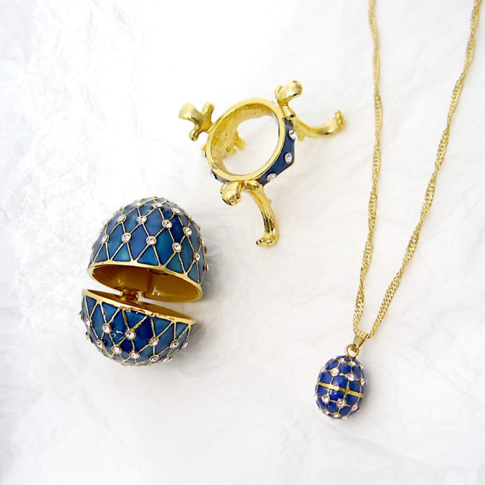Blue Enameled Egg Trinket Box with Matching Mini Necklace - Image 2