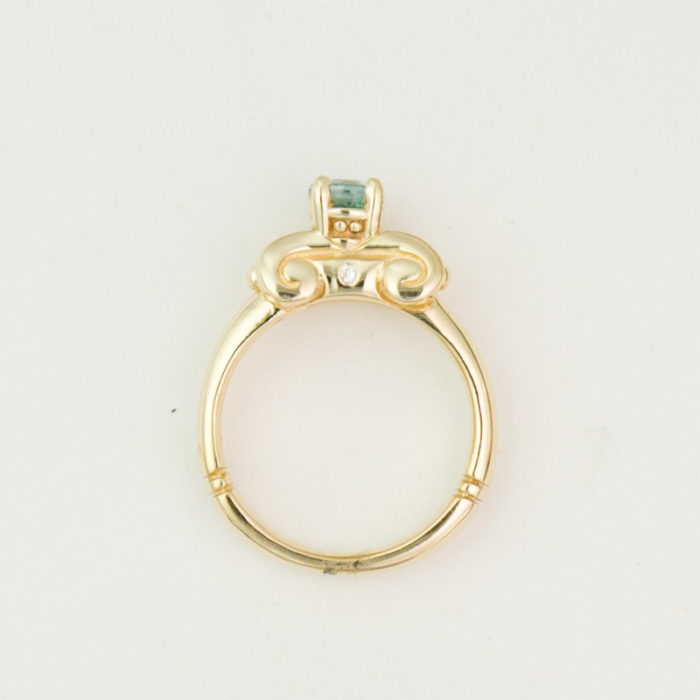 Fancy Blue Zircon with Yellow Gold Scroll Ring in 14k Yellow Gold - Image 2