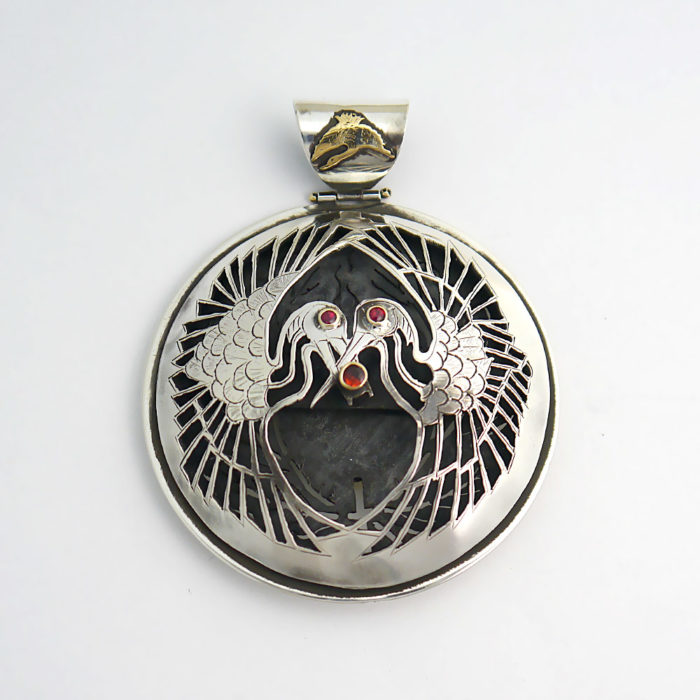 Designer James Cleland Spinning Pendant with two Cranes, Sterling & 18k