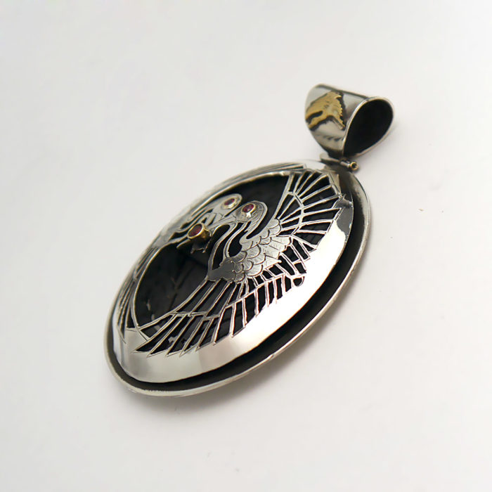 Designer James Cleland Spinning Pendant with two Cranes, Sterling & 18k - Image 3