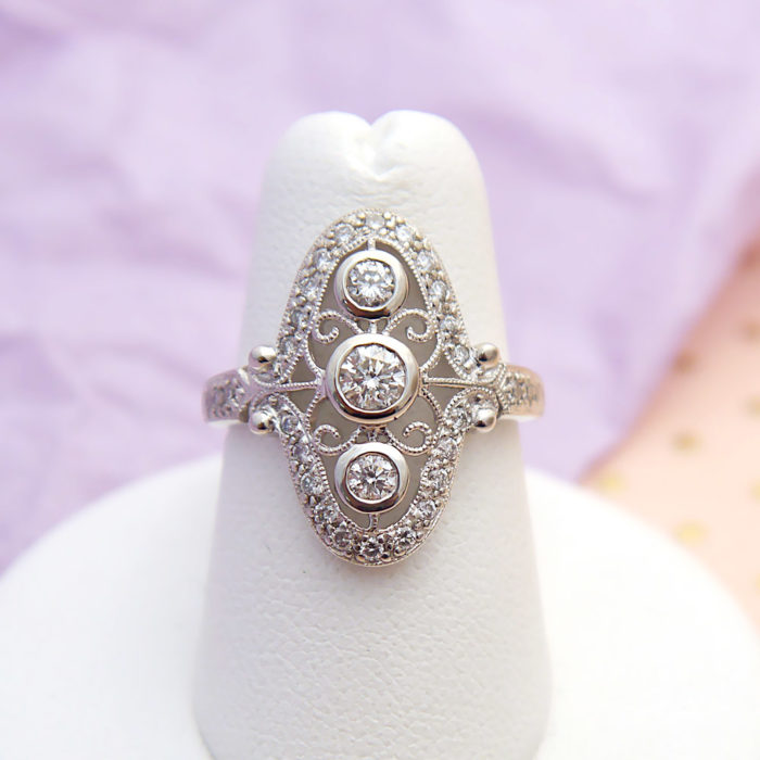 Art Deco Filigree Three Center Stone Diamond Ring in 14k White Gold