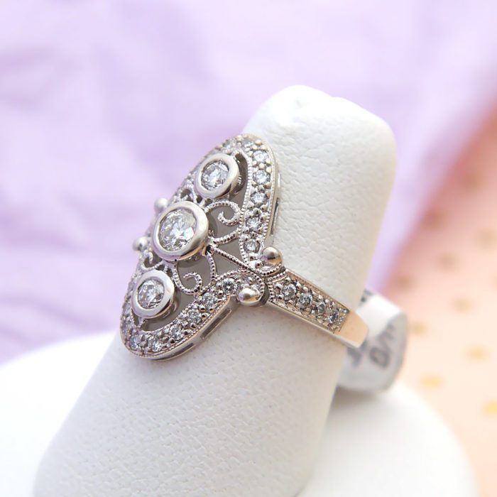 Art Deco Filigree Three Center Stone Diamond Ring in 14k White Gold - Image 2
