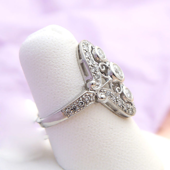 Art Deco Filigree Three Center Stone Diamond Ring in 14k White Gold - Image 3