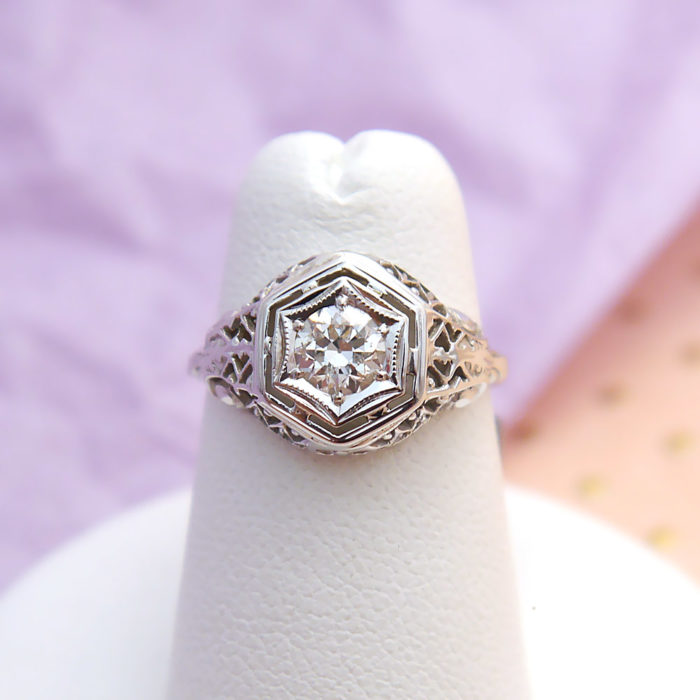 Vintage Art Deco Filigree Diamond Ring in 14k White Gold