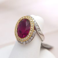 14k Large Oval Rubellite Tourmaline Gemstone & Diamond Asymmetrical Bypass Ring - Image 3