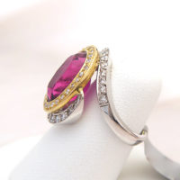 14k Large Oval Rubellite Tourmaline Gemstone & Diamond Asymmetrical Bypass Ring - Image 4