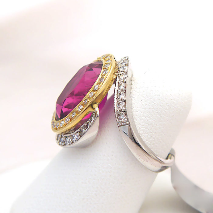 14k Large Oval Rubellite Tourmaline Gemstone & Diamond Asymmetrical Bypass Ring - Image 4