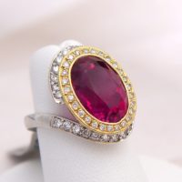 14k Large Oval Rubellite Tourmaline Gemstone & Diamond Asymmetrical Bypass Ring - Image 2
