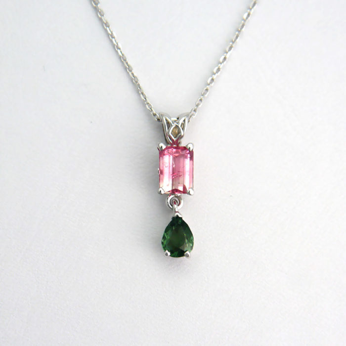 Green and Pink Tourmaline Pendant Mounted in 14K White Gold