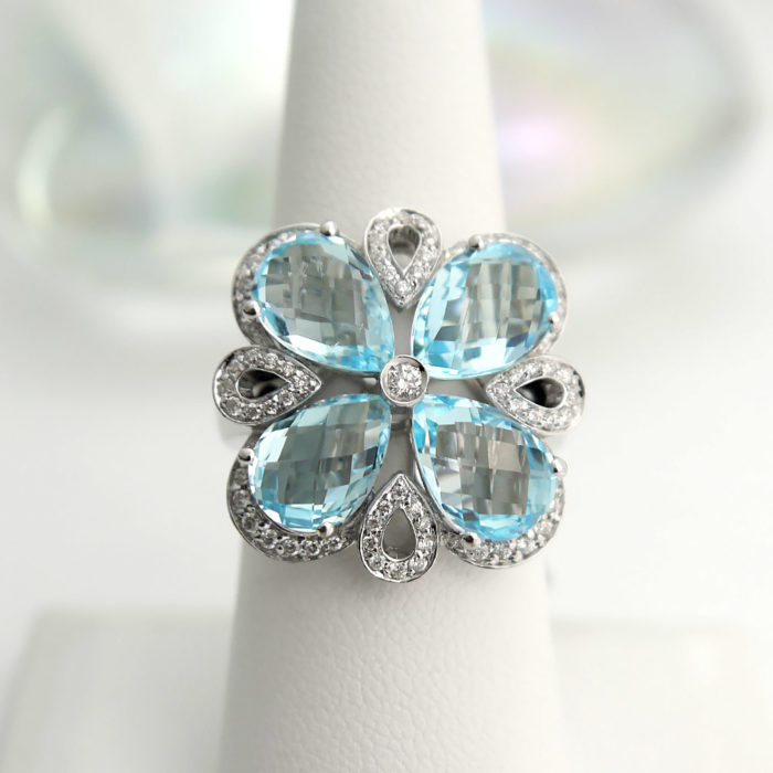 18k White Gold Blue Topaz and Diamond Flower Ring
