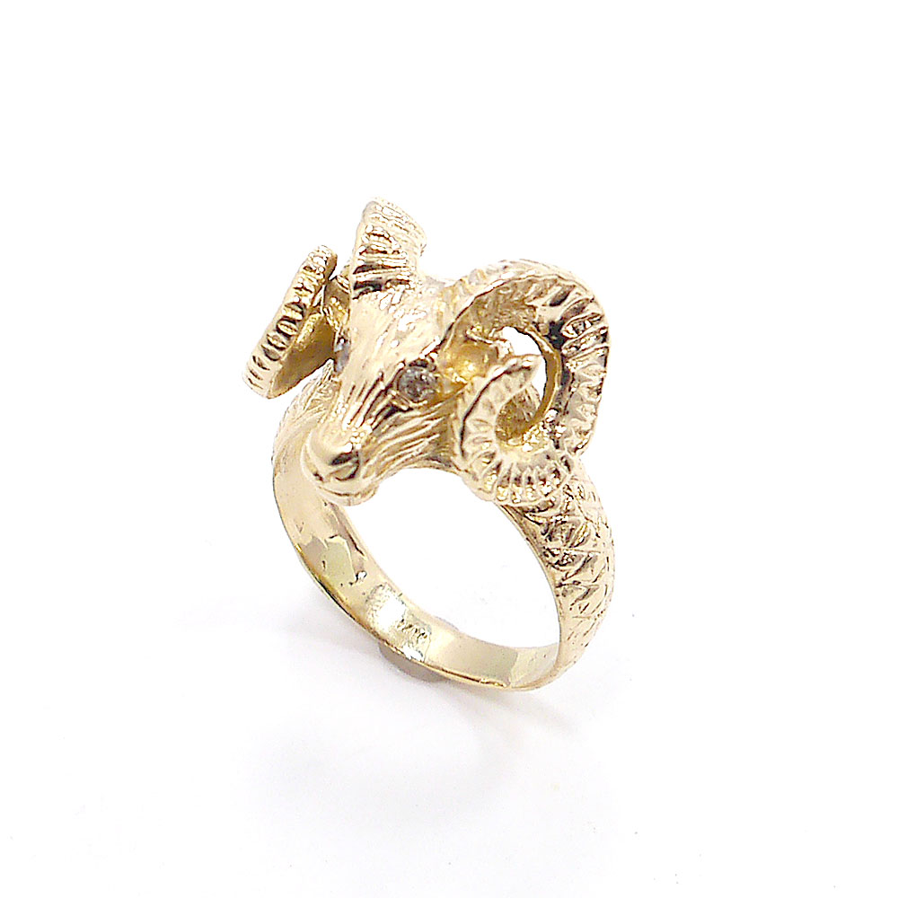 14k Vintage Aries 3D Ram Zodiac Ring w Diamond Eyes Celestial Astrology Jewelsmith