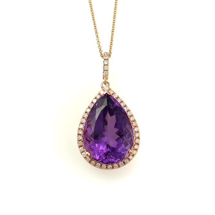14k Rose Gold Pear Amethyst and Diamond Pendant