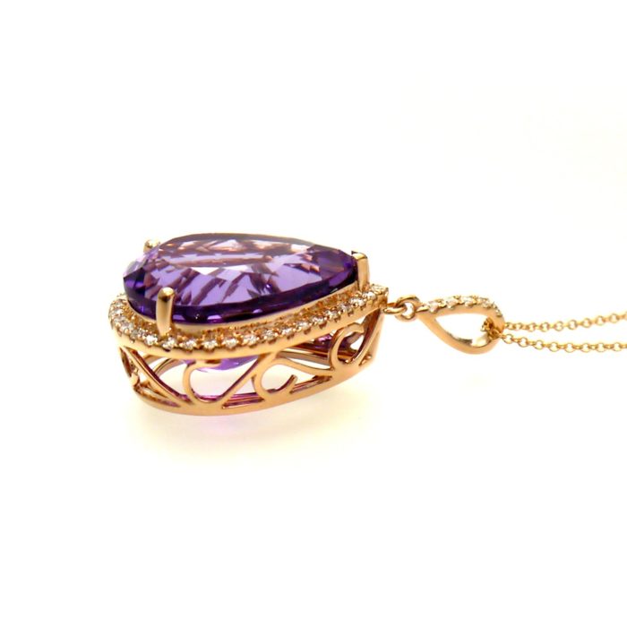14k Rose Gold Pear Amethyst and Diamond Pendant - Image 3