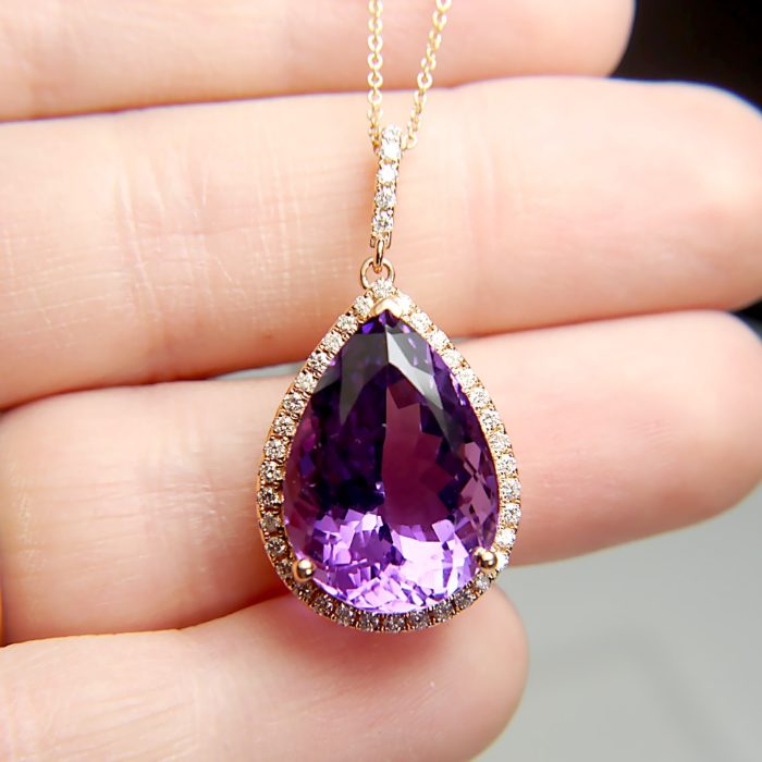 14k Rose Gold Pear Amethyst and Diamond Pendant - Image 4