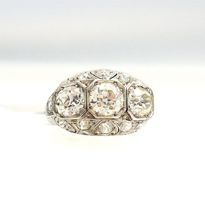 Antique Engagement Edwardian Filigree 3-Stone Diamond Ring, est 3.36 ctw