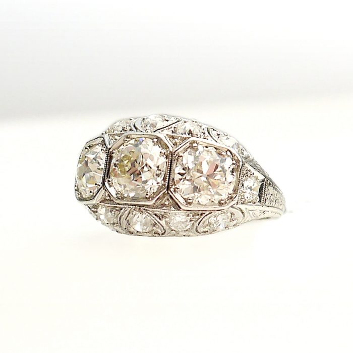 Antique Engagement Edwardian Filigree 3-Stone Diamond Ring, est 3.36 ctw - Image 3
