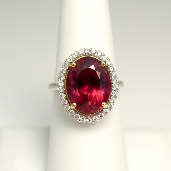 9.65 ct Oval Tourmaline Gemstone and Diamond Halo Ring, 14k