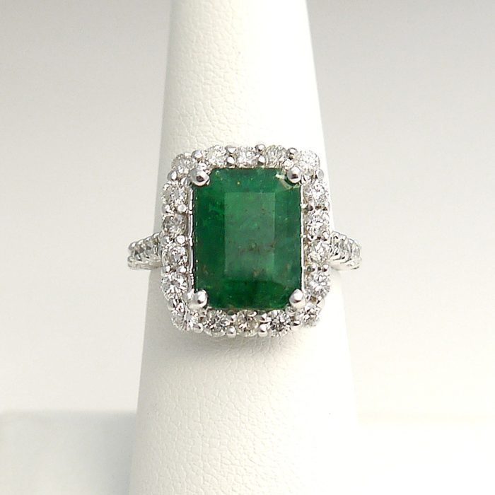 4.02 ct Emerald Cut Natural Emerald and Diamond Halo Ring