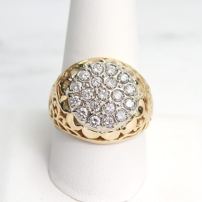 14k Yellow Gold Men's Diamond Cluster Ring With Detailed Sides .90 Ct