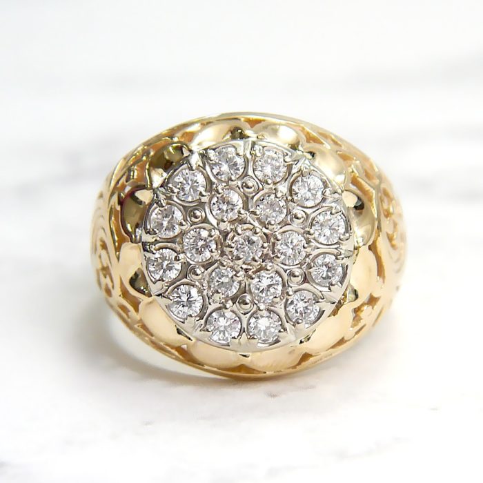 14k Yellow Gold Men's Diamond Cluster Ring With Detailed Sides .90 Ct - Image 4