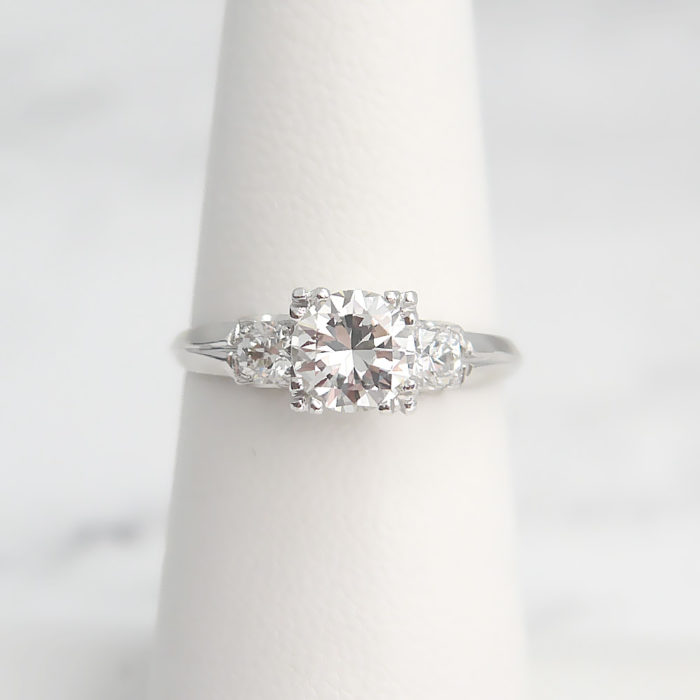 Vintage Platinum Diamond Engagement 3-Stone Ring 1.09 ctw