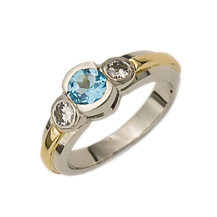 3 Stone, Two Toned, Blue Topaz Bezel Ring