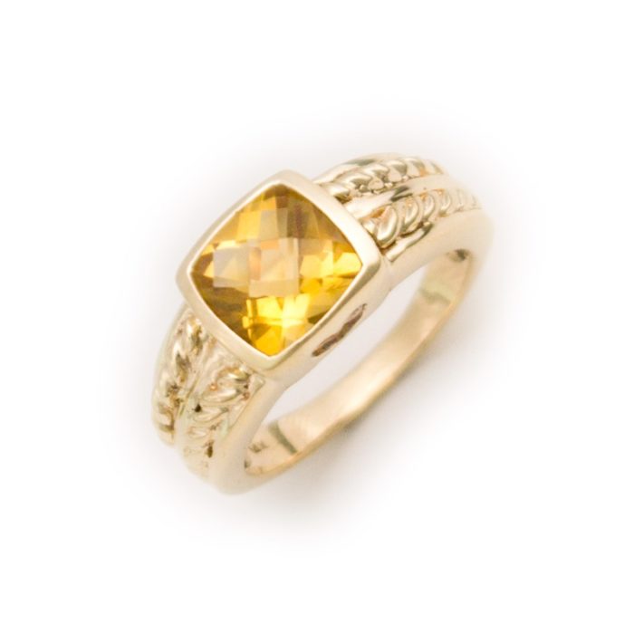 14k Yellow Gold Braided Band Checkerboard Citrine Ring