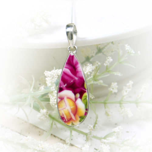 Sterling Silver Ceramic Art Floral Jewelry Pendant