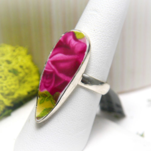 Sterling Silver Ceramic Art Floral Jewelry Ring