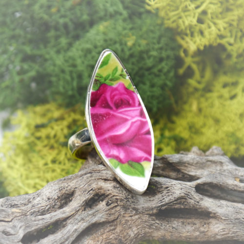 Sterling Silver Ceramic Art Floral Jewelry Ring