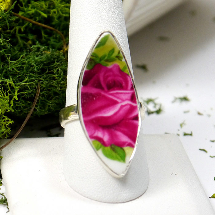 Sterling Silver Ceramic Art Floral Jewelry Ring - Image 2