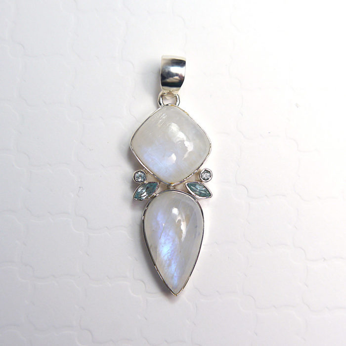 Aquamarine and Rainbow Moonstone Pendant in Sterling Silver