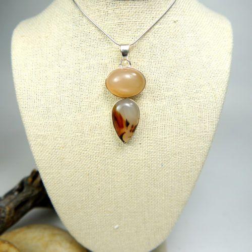 Peach Moonstone and Agate Pendant in Sterling Silver