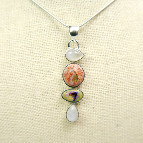 Moonstone and Mexican Opal Pendant in Sterling Silver