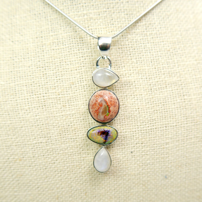 Moonstone and Mexican Opal Pendant in Sterling Silver