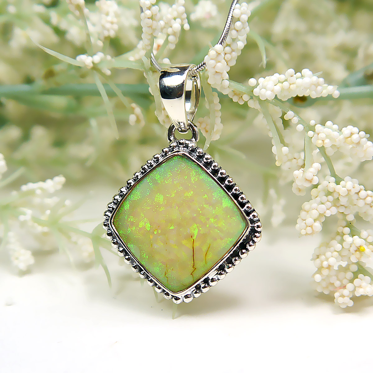 Ethiopian Opal Gemstone Pendant in Sterling Silver