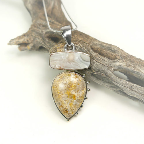 Desert Druzy and Fossil Coral Pendant in Sterling Silver