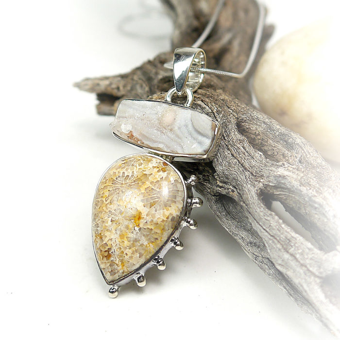 Desert Druzy and Fossil Coral Pendant in Sterling Silver