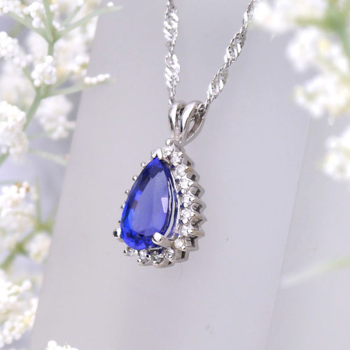 Pear Shaped Tanzanite and Diamond Halo Pendant in 14k