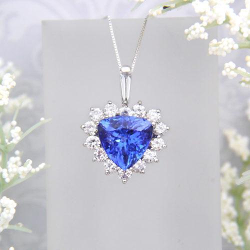 Trillion Cut Tanzanite and Diamond Halo Pendant in 14k