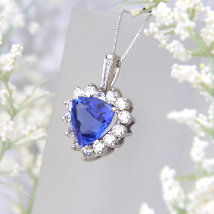 Trillion Cut Tanzanite and Diamond Halo Pendant in 14k