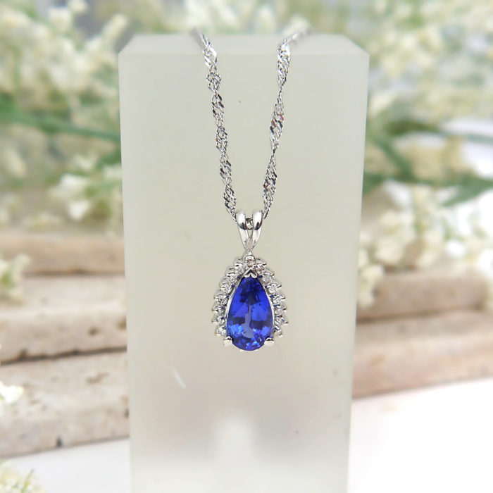 Pear Shaped Tanzanite and Diamond Halo Pendant in 14k