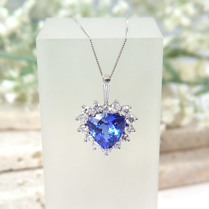 Trillion Cut Tanzanite and Diamond Halo Pendant in 14k