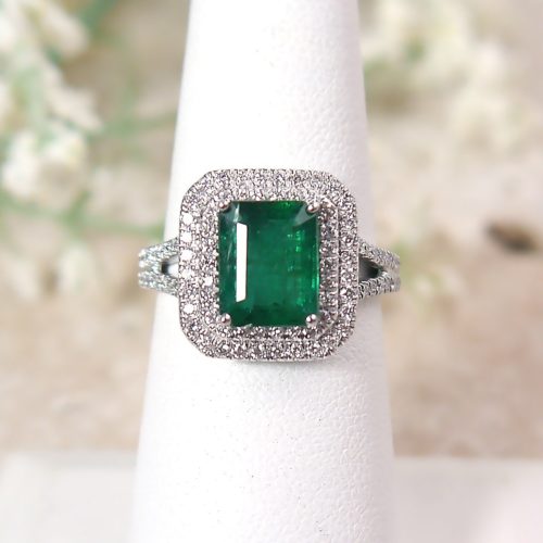 Emerald Cut Natural Emerald and Diamond Double Halo Ring in Platinum
