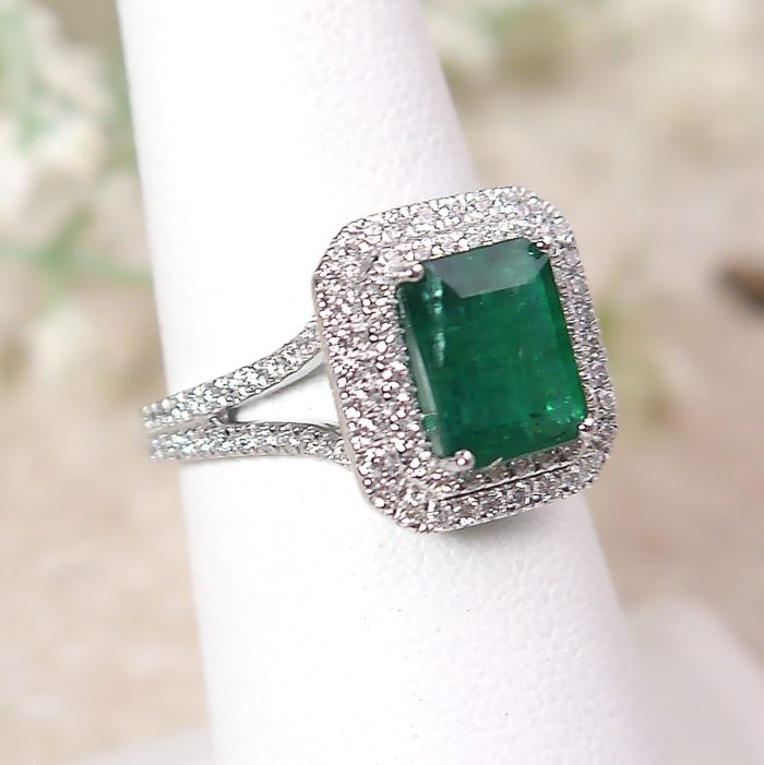 Emerald Cut Natural Emerald and Diamond Double Halo Ring in Platinum