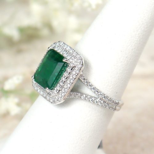 Emerald Cut Natural Emerald and Diamond Double Halo Ring in Platinum