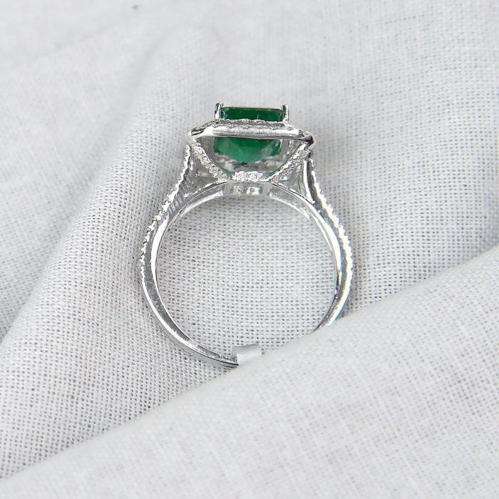 Emerald Cut Natural Emerald and Diamond Double Halo Ring in Platinum