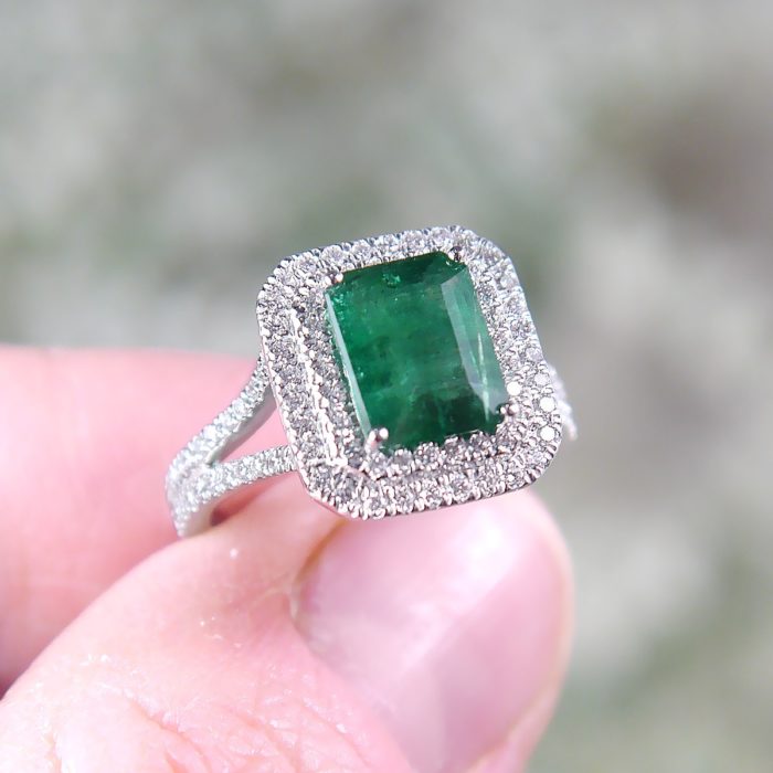 Emerald Cut Natural Emerald and Diamond Double Halo Ring in Platinum